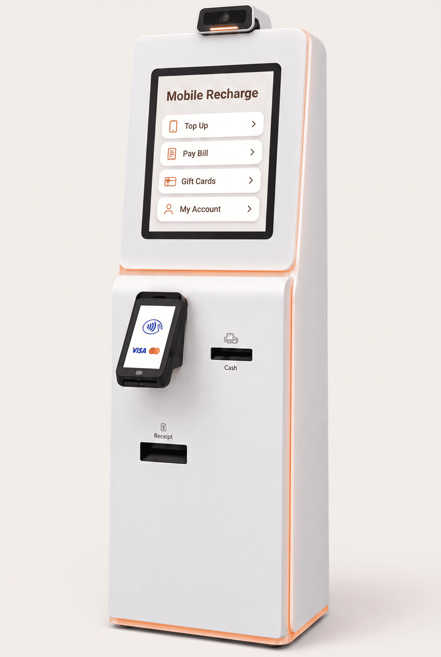 Compact recharge kiosk for top-ups and bill payments with card and cash acceptance