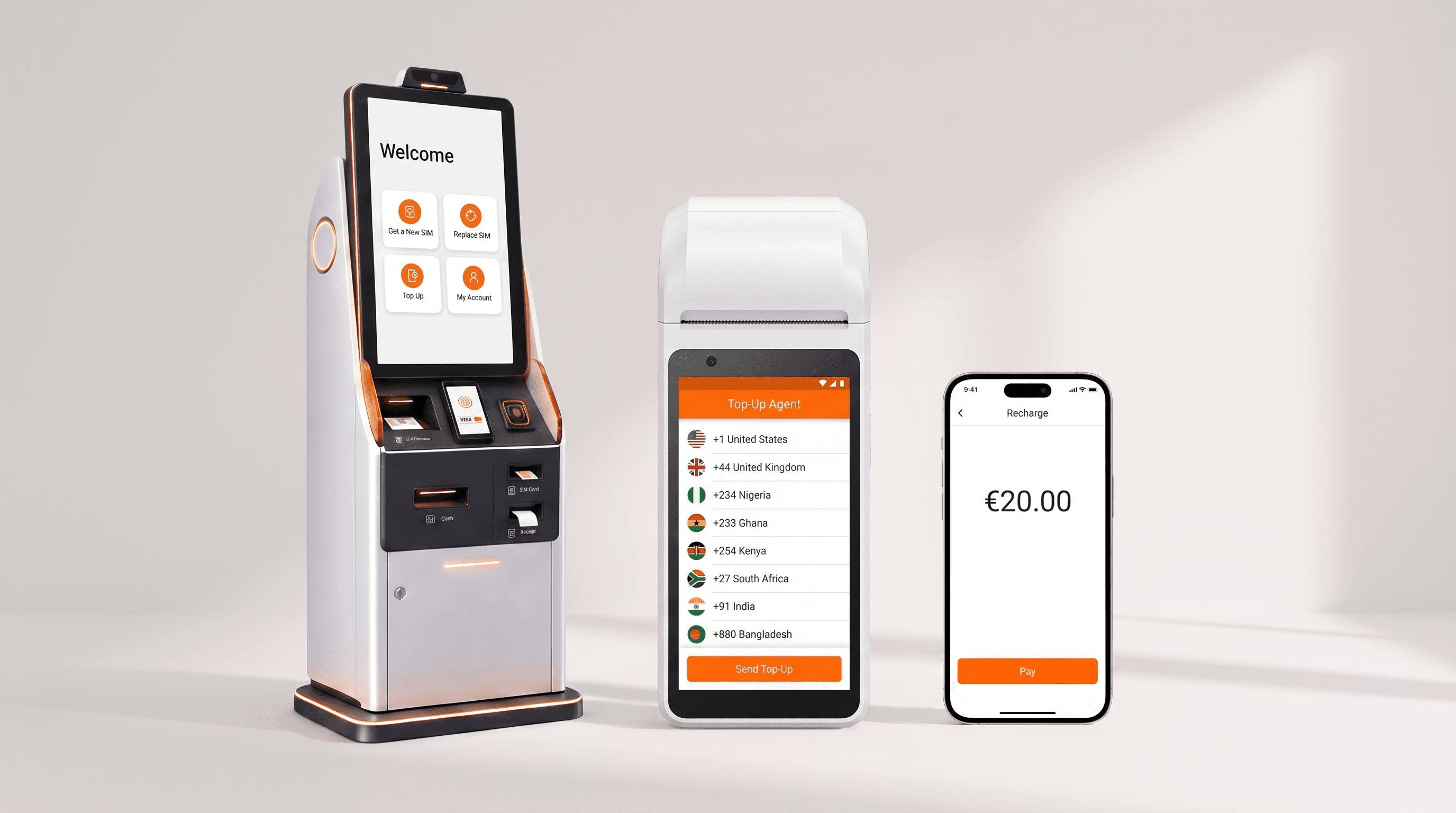 A self-service kiosk, smart payment terminal and phone, each running its own telecom self-service interface