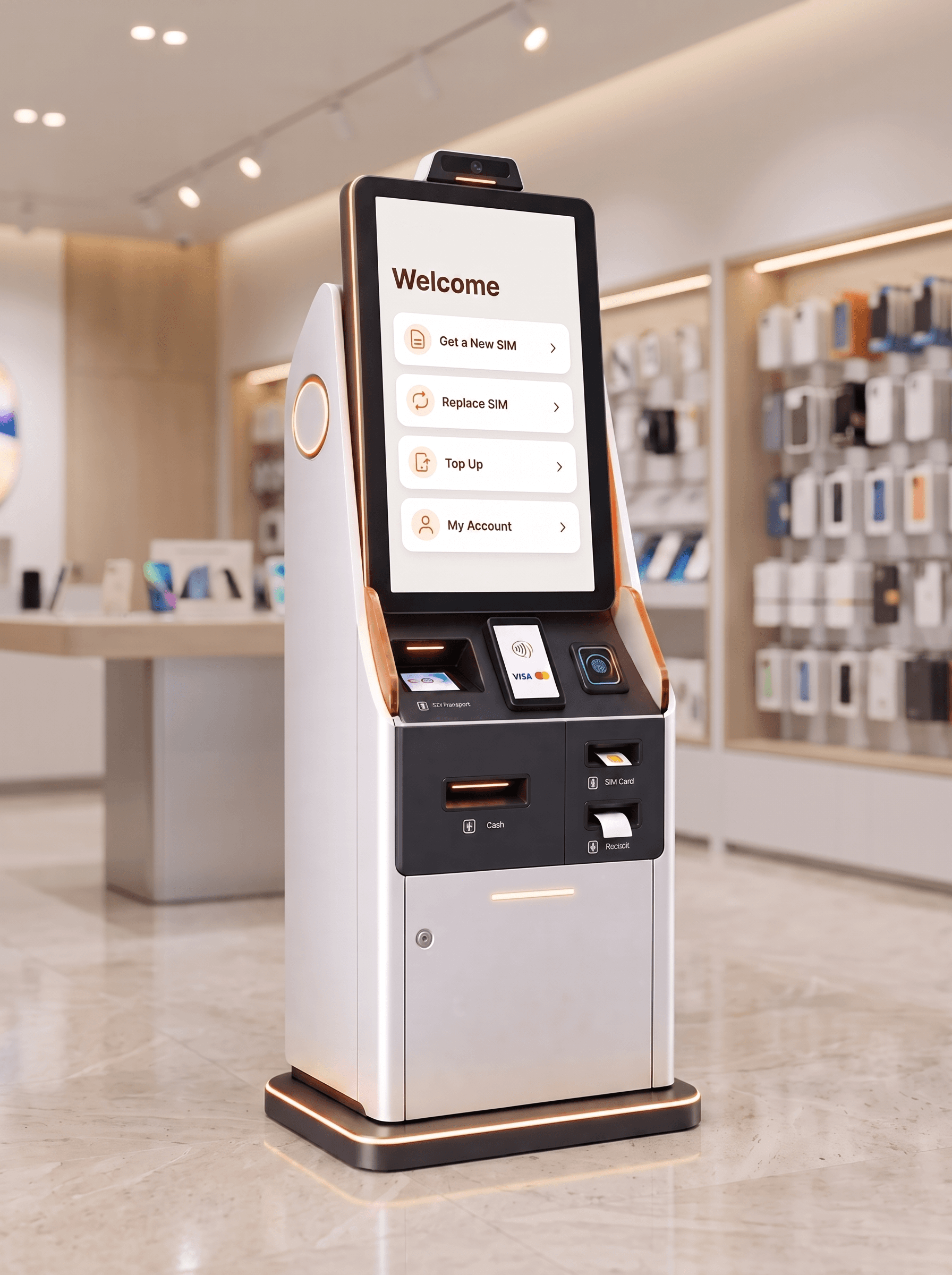 White-label SIM-dispensing kiosk standing in a retail store